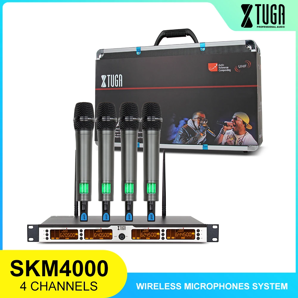 Xtuga skm4000 4*100 canais sem fio sistema de microfones uhf karaoke sistema quatro handheld ou bodypack fase festa em casa