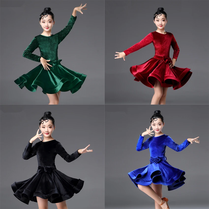 Latin Dance Kids Dresses for Girls Long Sleeve Dress Velvet Ballroom Competition Party Stage Performance Practice Costumes