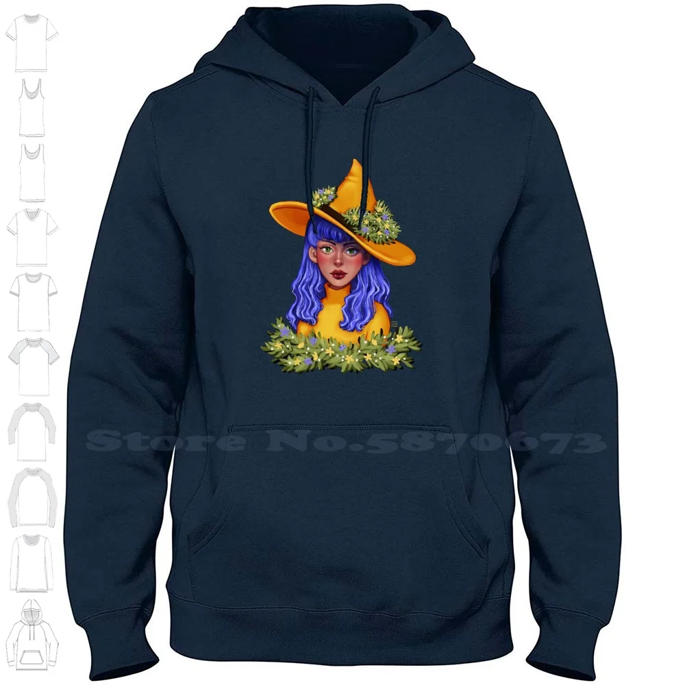 Long Sleeve Hoodie Sweatshirt Portrait Illustration Yellow Witch Witchy Green Plants Blue Hair Bust Little Flowers Herbs