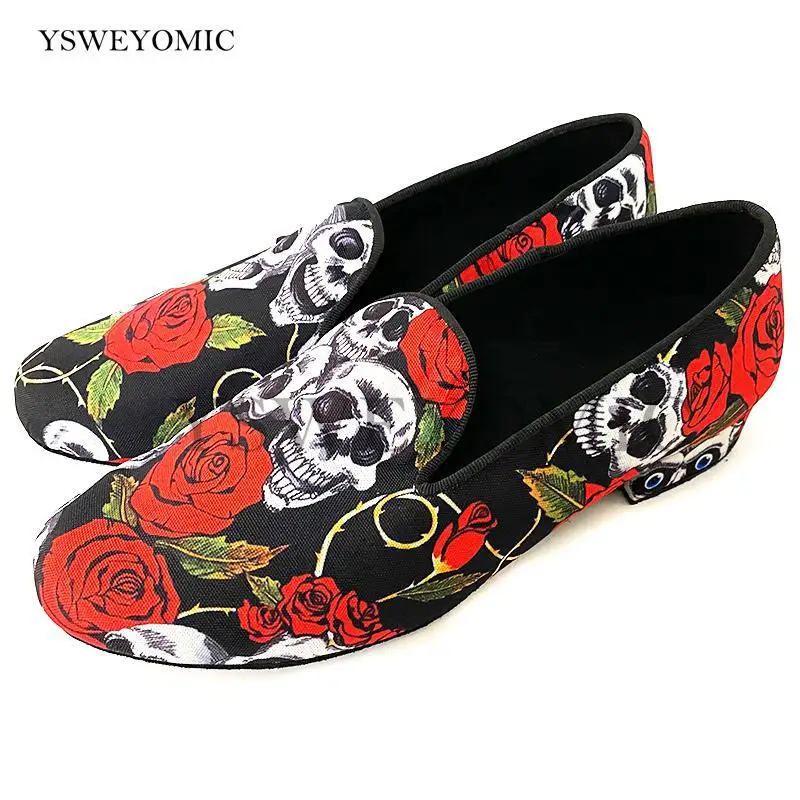 2021 Low Heel 2cm Men Dance Shoes Halloween Skull Red Flower Fabric Latin Bachata Salsa Men Dance Shoes in Leather Outsole