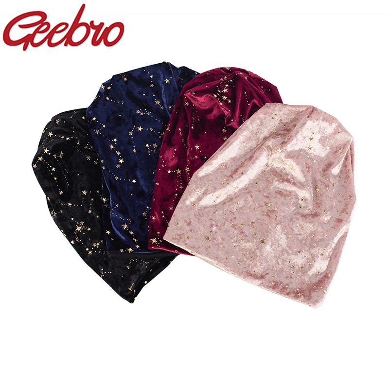 Geebro Women\'s Fashion Casual Splatter Paint star Beanie Hat Ladies Skull Solid Velour Soft Beanie Hats Bonnet For Female