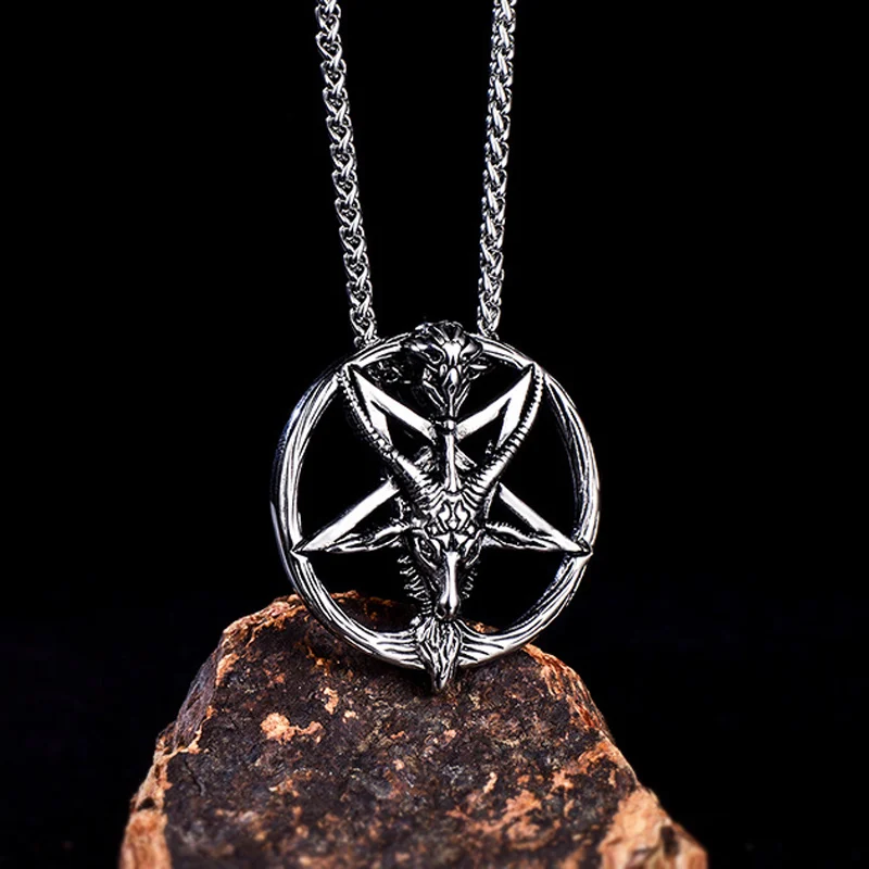 Baphomet Satan Necklace Satanic Jewelry Stainless Steel Lucifer Goat Pendant Antique Vintage Round Silver Color For Men Women