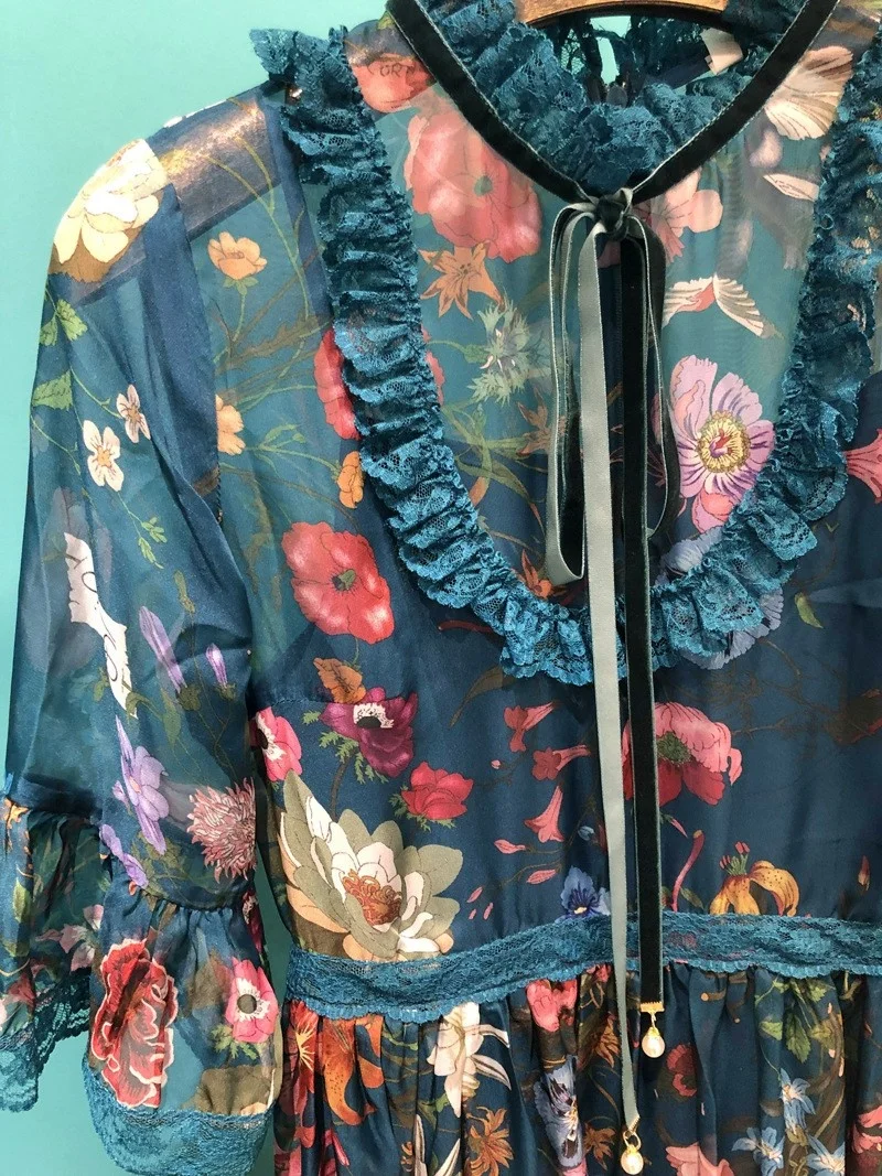 Vestidos de seda de imitación de encaje con estampado Floral para mujer, conjuntos de dos piezas, transparentes, Vintage, de princesa con dobladillo grande, nueva moda