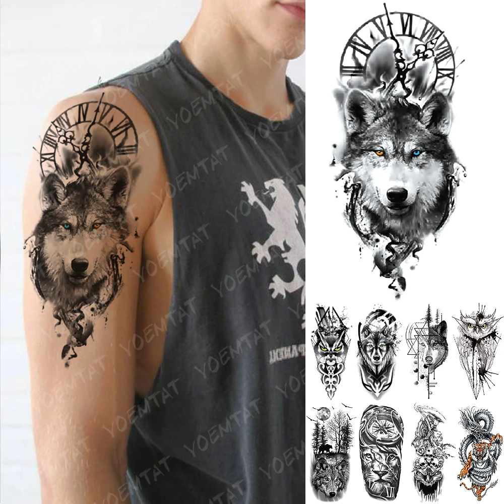 Waterproof Temporary Tattoo Sticker Clock Orange Blue Eyes Wolf Flash Tattoos Lion Compass Body Art Arm Fake Tatoo Women Men