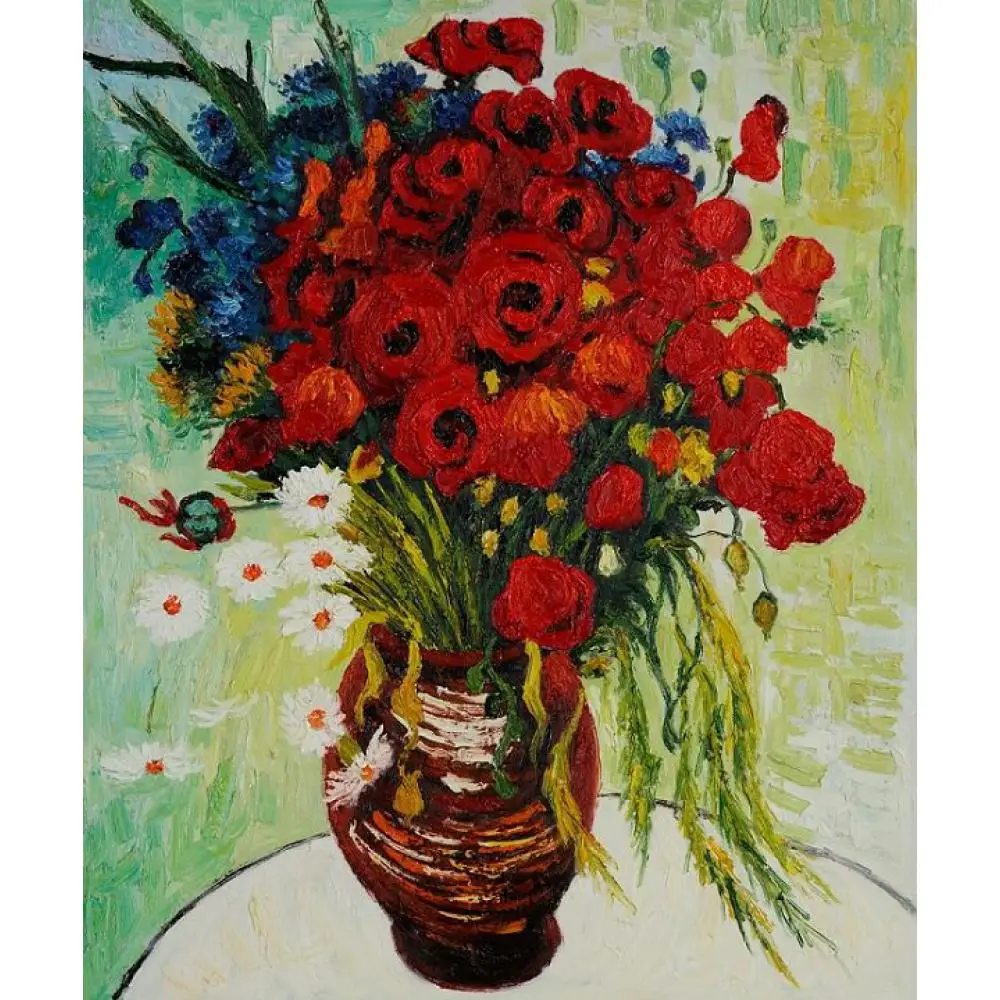 

Flower Canvas Art Bathroom Decor Famous Vincent Van Gogh Paintings Vase with Daisies Poppies Handmade Modern Artwork Red Large