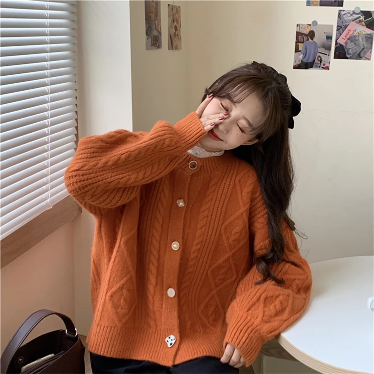 Cardigan Mujer Korean Style Loose Retro Lantern Sleeve Candy Color Twist Cardigan Sweater Coat Women Tops Thick Knitted Sweaters