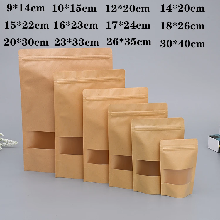 100pcs Kraft paper window zipper bag brown reusable self-sealing candy bread cookie gift bag