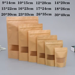 100pcs Kraft paper window zipper bag brown reusable self-sealing candy bread cookie gift bag