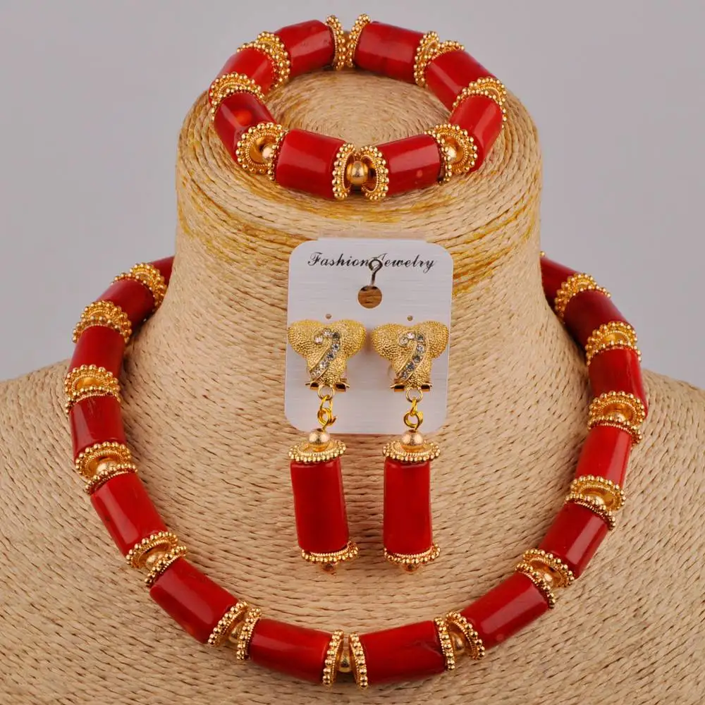 One Row Choker Coral Beads Jewelry Set Including Bracelelt +Earrings +Necklace Orange / Red / White Color Bridal Set