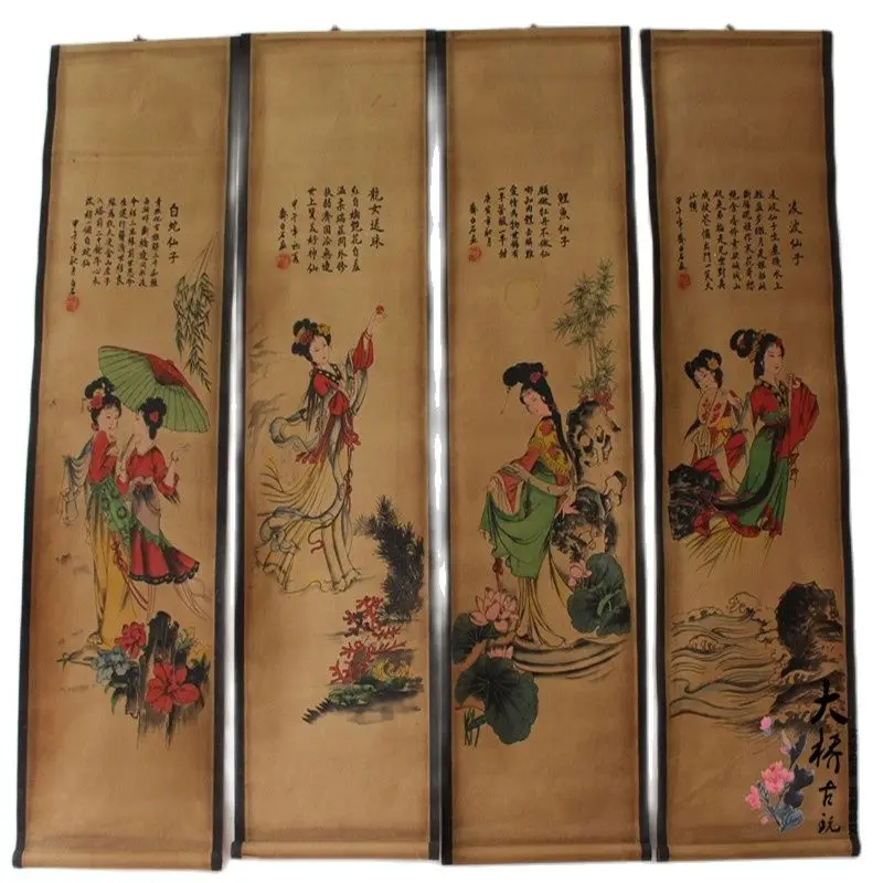 China Scroll Painting Four Screen Paintings Middle Hall Hanging Painting Qibaishi's Picture Of Ladies Four Beautie