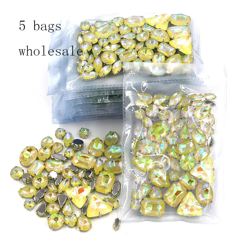 Clothing Accessories Wholesale 5 Bags Mixed Shape Glass Crystal Sliver Base Yellow AB Mocha Sew on Rhinestones Diy Wedding Dress