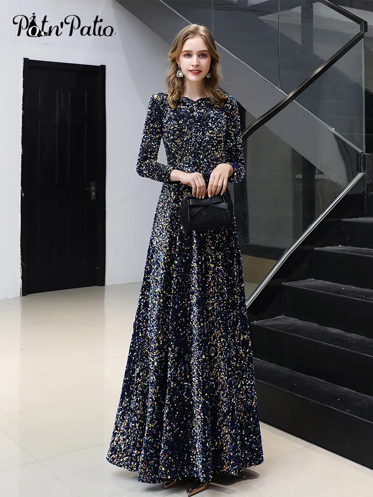 Long Sleeves Prom Dresses 2020 New Elegant A-line Floor-length Sequin Women Formal Gowns Plus Size For Evening Party