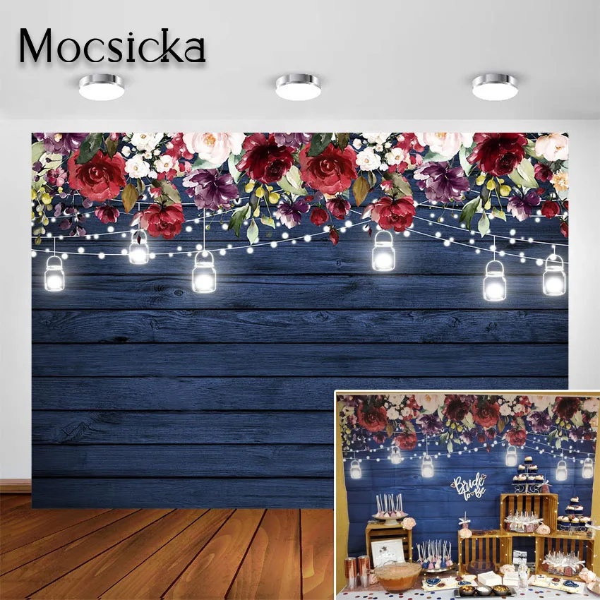 

Mocsicka Rustic Navy Wood Jars Burgundy Flower Backdrops for Bridal Shower Wedding Birthday Party Decoration Photo Background