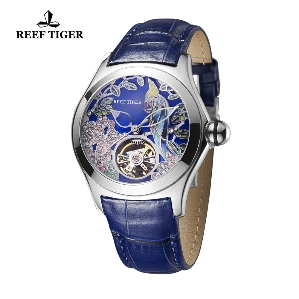 Reef tigre/rt 2021 marca superior moda tourbillon relógios femininos pulseira de couro à prova dwaterproof água relógios mecânicos automáticos