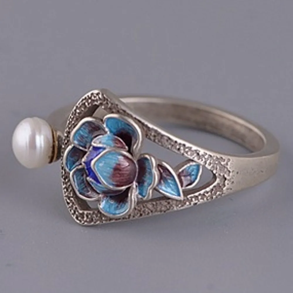 

New S925 pure silver jewelry fashion temperament peony flower cloisonne woman ring Thai silver vintage pearl ring for woman