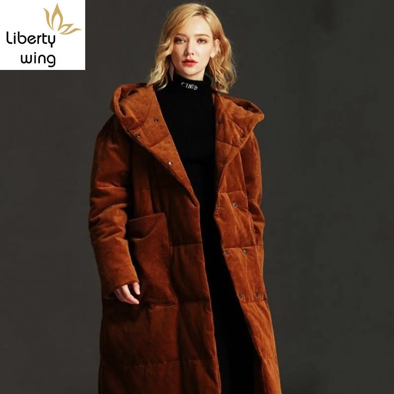 

New Hooded Corduroy Coat Female Winter Thick Warm Plus Long Duck Down Jacket Women Oversize 5XL Brand Outerwear Ladies