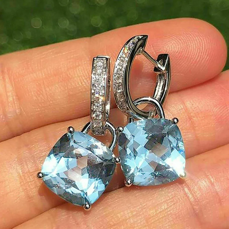 Huitan New Arrival Dangle Earrings Women Cushion Cut Blue Cubic Zirconia Pendant Simple Stylish Girls Earrings Statement Jewelry