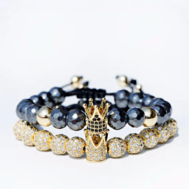 Luxury King Crown Beads Bracelet Set For Men Classic Black Hematit 8mm Ball Copper Bracelets&Bangles Women Jewelry