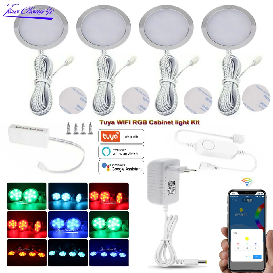 rgb led sob a luz do armario puck kit tuya wifi app controle pode ser escurecido para dc12v cozinha balcao luzes da prateleira 01