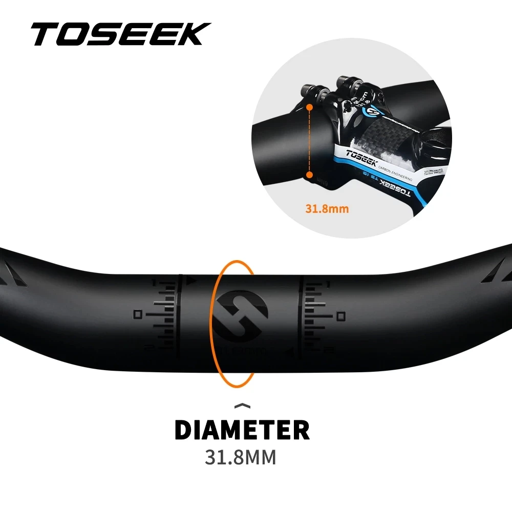 Toseek fibra de carbono bicicleta mtb guiador mountain bike riser/guidão plano para haste 31.8mm preto fosco logotipo brilhante