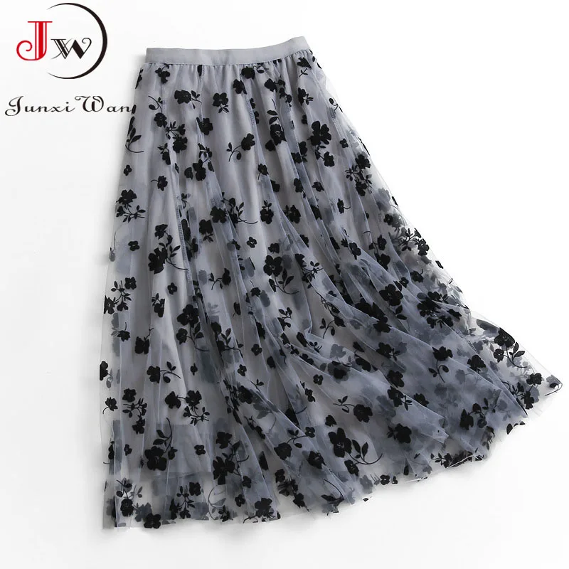 Girls Romantic Flower Mesh Pleated Skirt Fashion 2022 Spring Summer Women Elastic Waist Solid Elegant Chic Casual Long Skirts