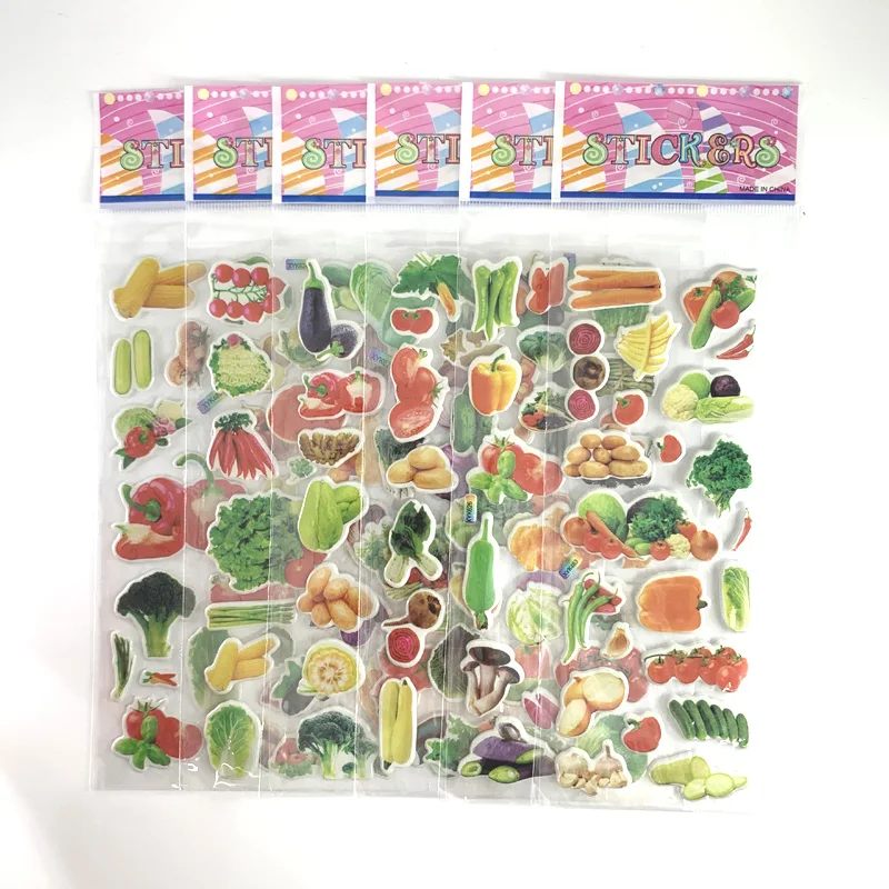 12 Sheets/Set Vegetable and Fruit 3D Puffy PVC Stickers Kids Early Learning Education Scrapbooking Sticker Children\'s Gift