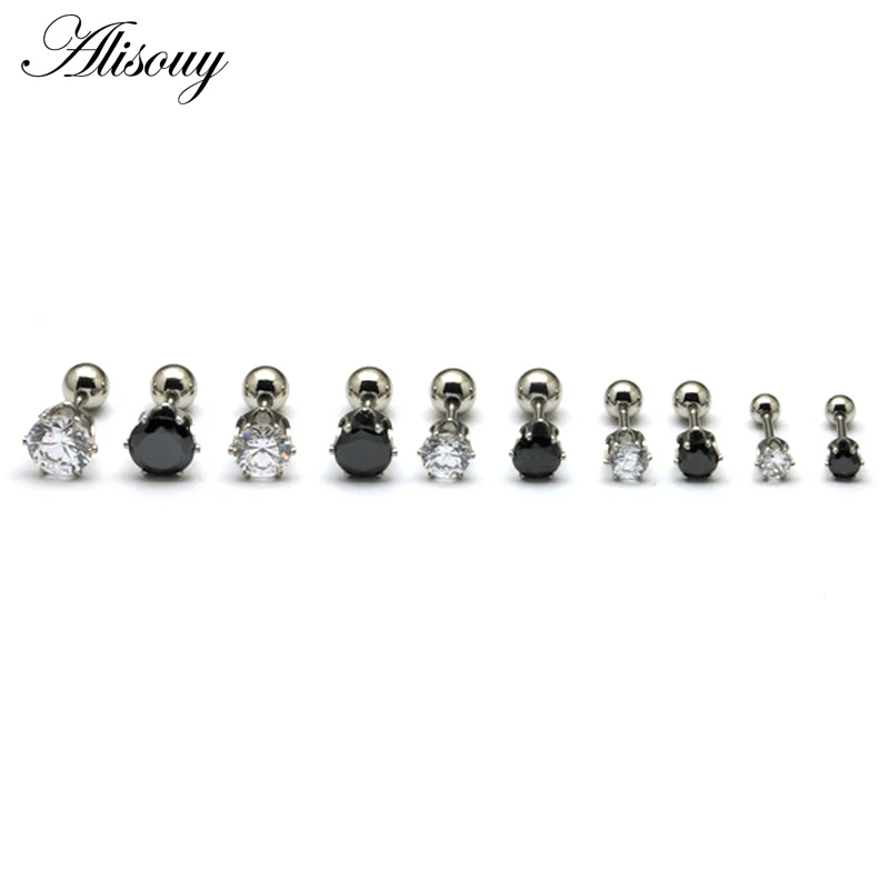 2PCS 4 5 6 7 8mm Diameter Clear Black Zircon Crystal Stainless Steel Men Women Screw Back (pierced) Stud Earrings