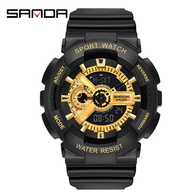 Sanda marca superior relógio de pulso masculino senhora militar do exército g estilo sportwristwatch dupla exibição masculino para casais relógio à prova dwaterproof água