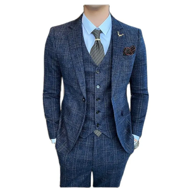 Blue Men Striped Plaid 3 Piece ( Jacket+Vest+Pants) Gray Brown Wedding Party Slim Fit Mens Suits, Asian Size Male Sets