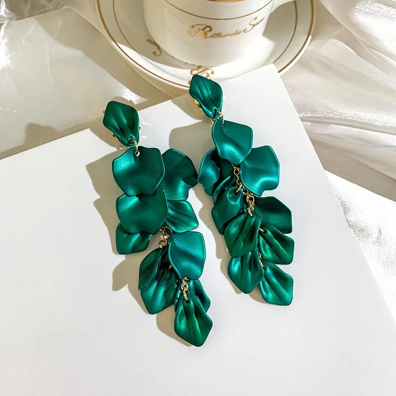 YAOLOGE  Dark Blue Green Beautiful Exaggerated Fairy Flower Petal Tassel Earrings Trendy Western Earrings Womens Pendent Jewelry