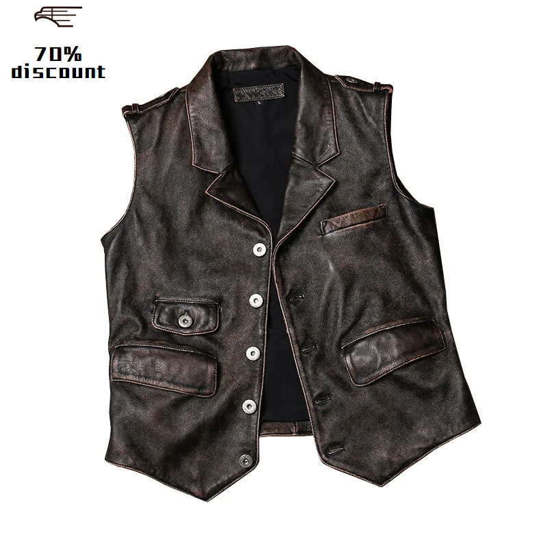 

2020 Vintage Brown Men Spring Casual Leather Vest Large Size XXXL Genuine Cowhide Russian Short Slim Fit Natural Leather Vest