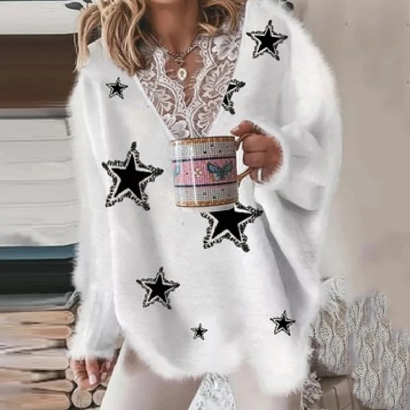 

OMSJ Women 2024 Fashion Sweety&Cute Oversized Star Printed Long Sleeve Knit Sweater Lace Patchwork V-neck Soft Vintage Pullovers