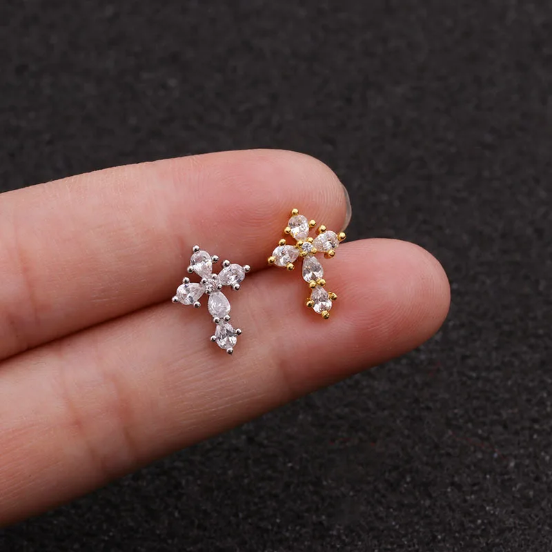 1 PCS Trendy Cute Small Micro Pave CZ Cross Ear Cuff Earring Women Men Steel Bar Ball Screw-back Ear Cartilage Clip Jewelry