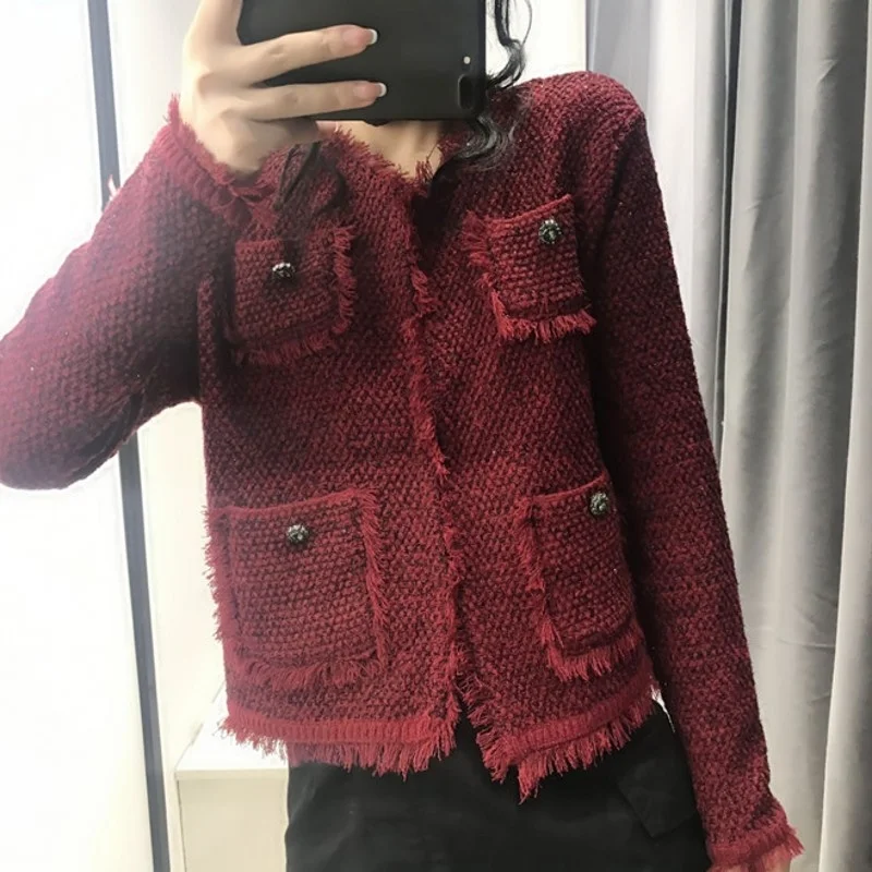 Womens 2022 Spring Autumn Short Fashion Jacket Vintage Tassel Pockets Loose Single Breasted Sweet Knitting Cardigan Outerwear