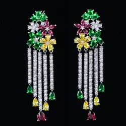 CWWZircons Noble Multi Color Flower Dangling CZ Stone Long Big Tassel Drop Earring for Women Luxury Cubic Zirconia Jewelry CZ046