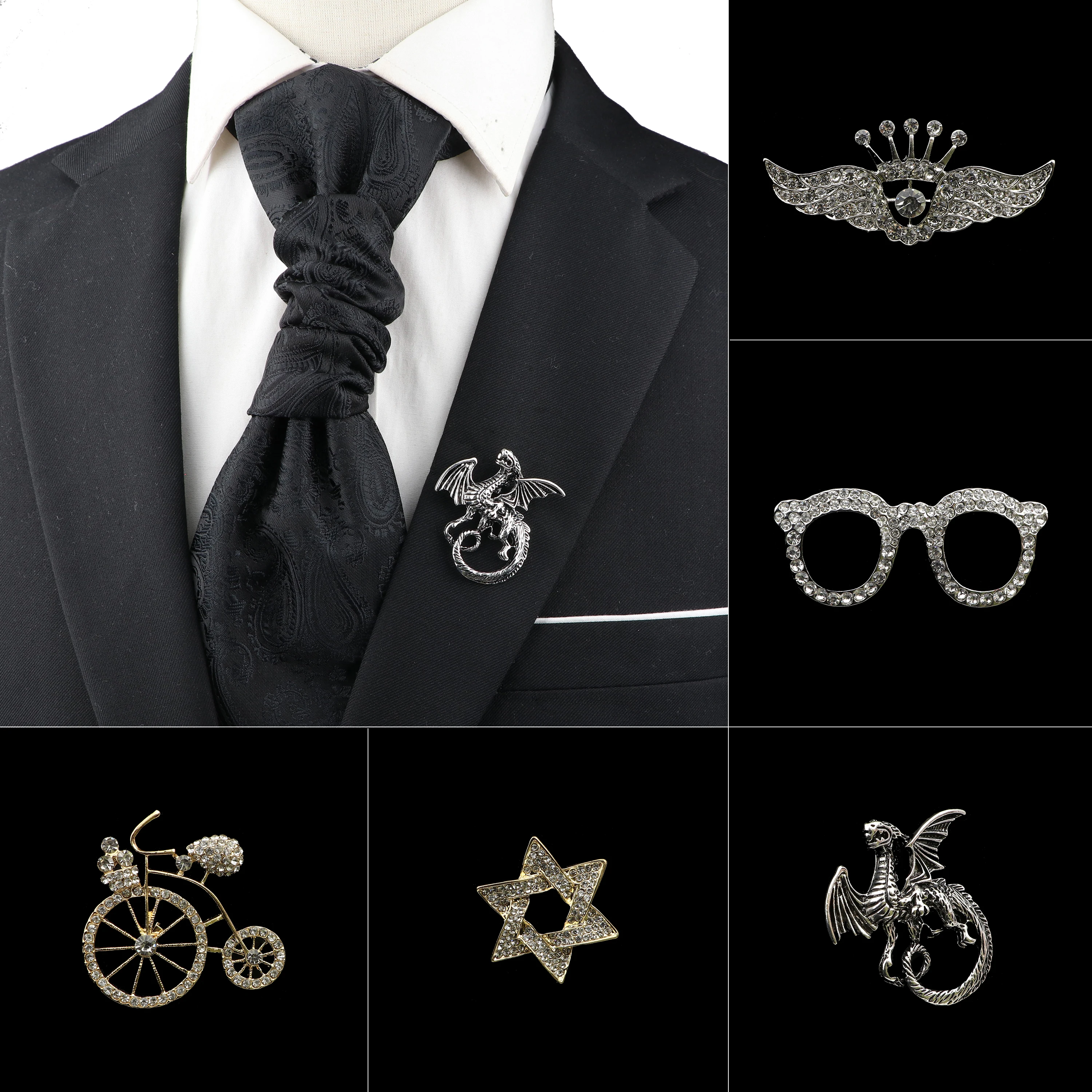 New Fashion Mens Suit Collar Lapel Pin Retro Brooch British Style Wing Crown Dragon Glasses Peking Opera Personality Accessories