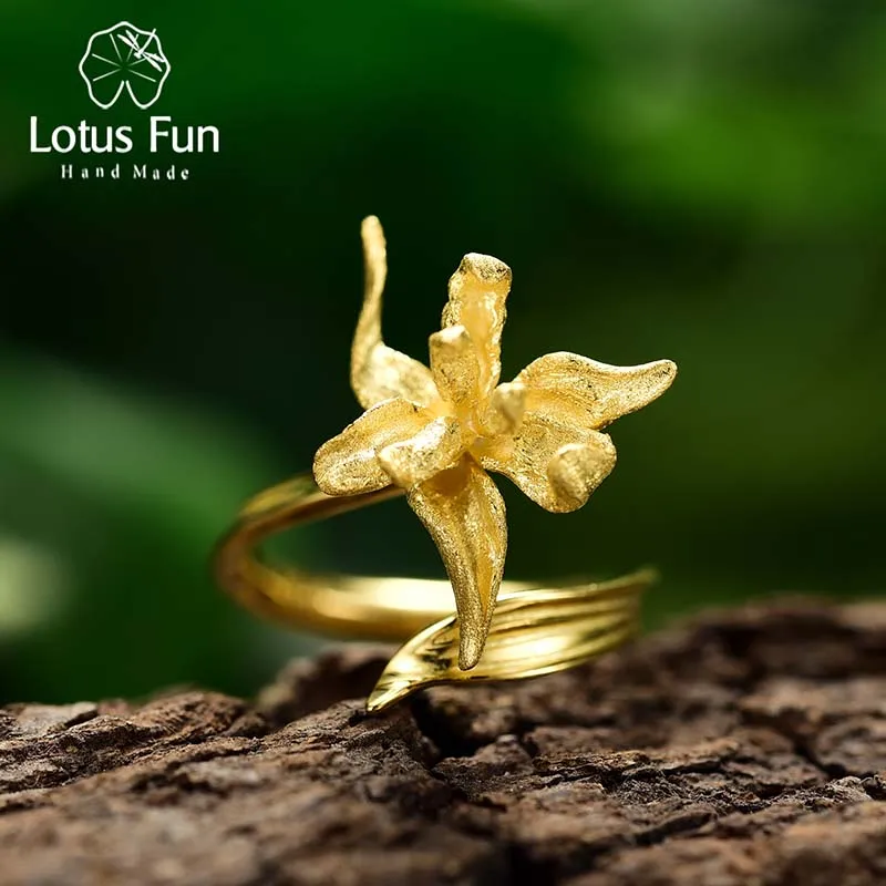 

Lotus Fun Luxury 925 Sterling Silver Unusual Elegant Iris Flower Leaves Adjustable Rings for Women 18K Gold Engagement Jewelry