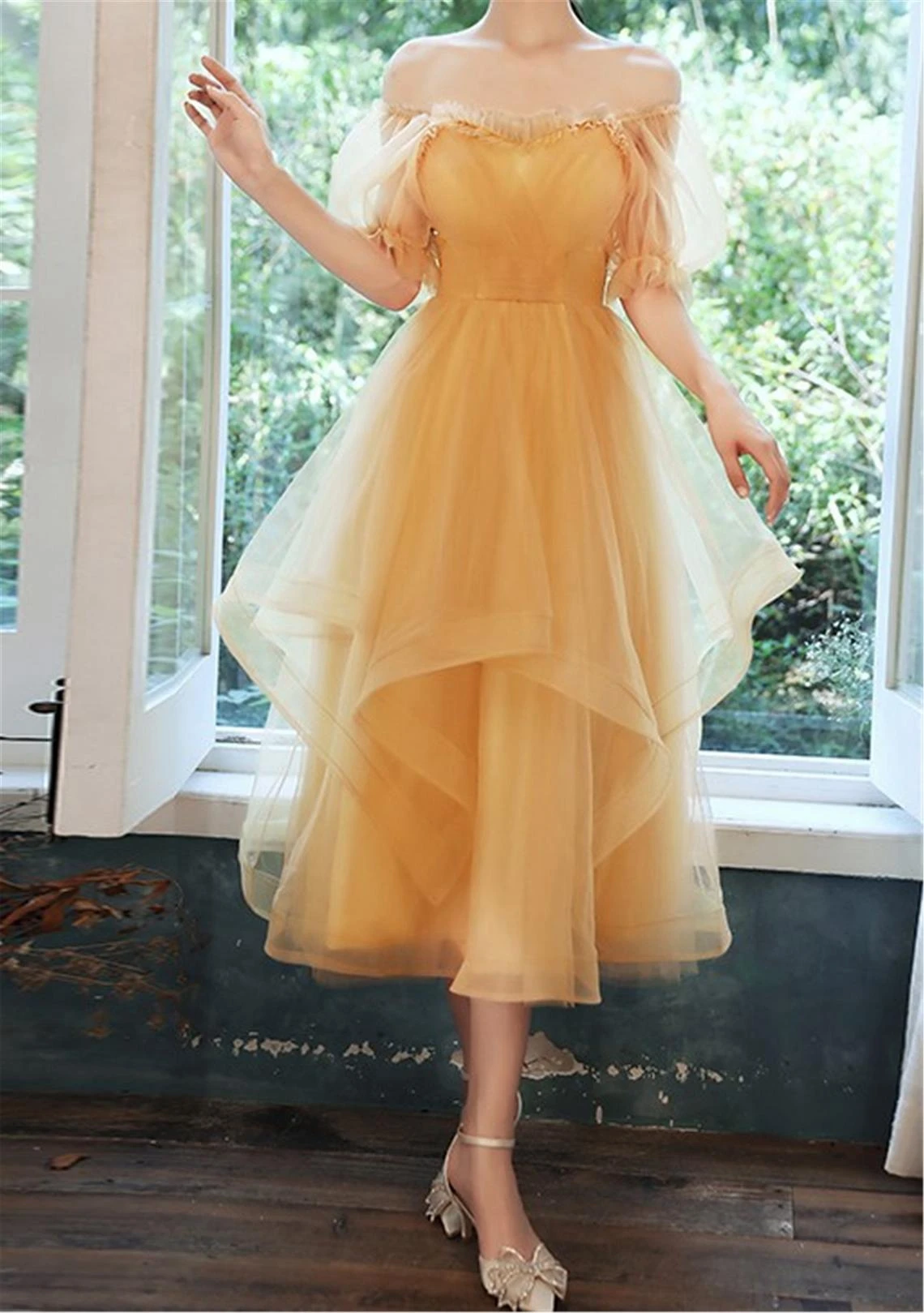 Abito da ballo fata giallo abito da ballo abito da sera lungo in Tulle con manica elegante abito da damigella d'onore abito da ballo di laurea personalizzato