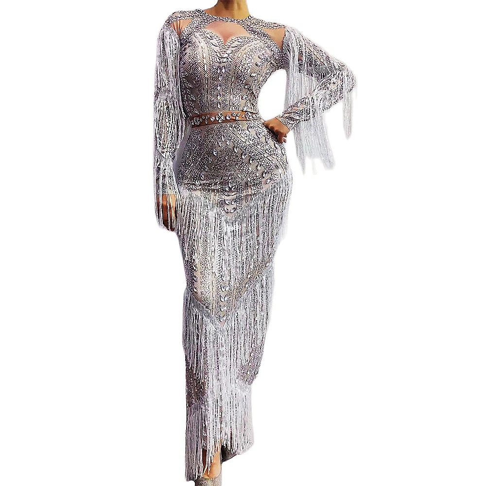 Silver Rhinestones Fringe Dresses Long Sleeve Split Fork Stage Costumes For Singers Women Party Clothing Wear Drag Queen Outfit