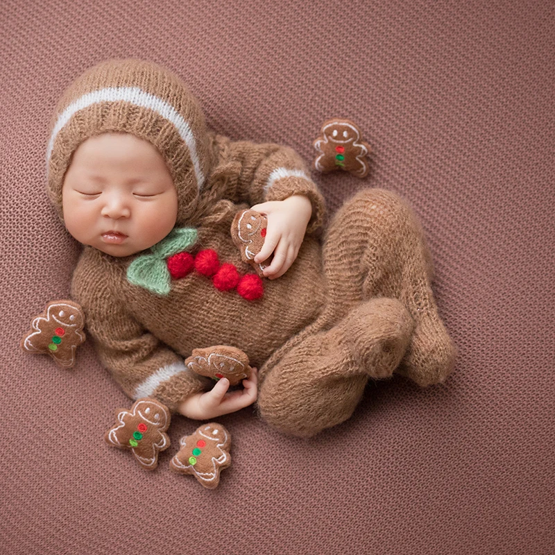 Vintage Christmas Romper Set Newborn Photography Prop Crochet Baby Hat Footed Romper Outfit Photo Props Infant Overall