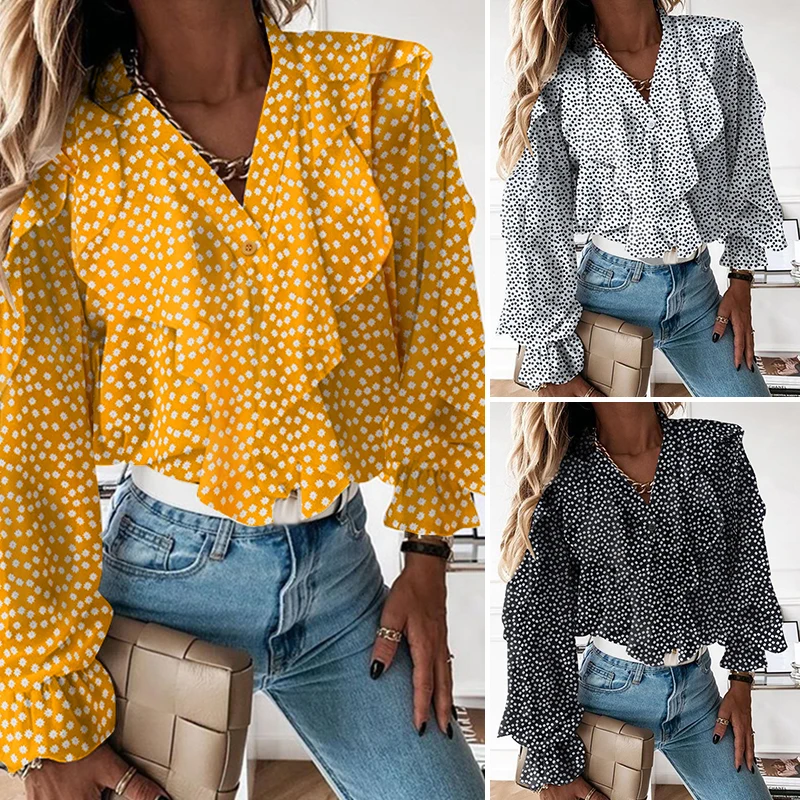 Women\'s Elegant Shirt Celmia Sexy V neck Long Sleeve Casual Ruffles Shirt Button Solid Street Blusas OL Party Tops