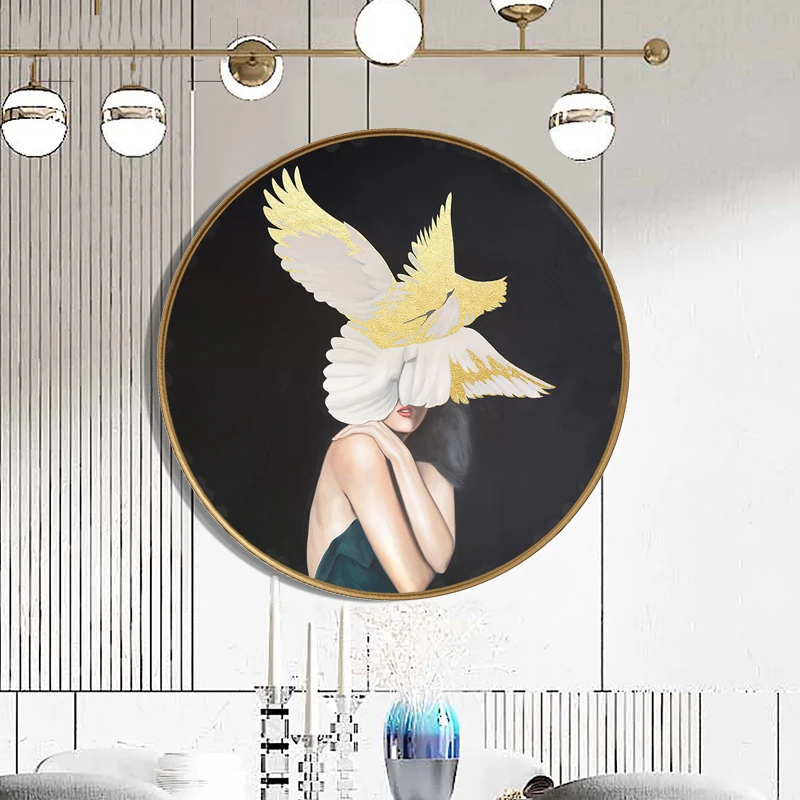 

EECAMAIL DIY Full 5D Diamond Painting No Frame Modern Luxury Characters Round Hanging Painting Girl Feather Restaurant Diamond