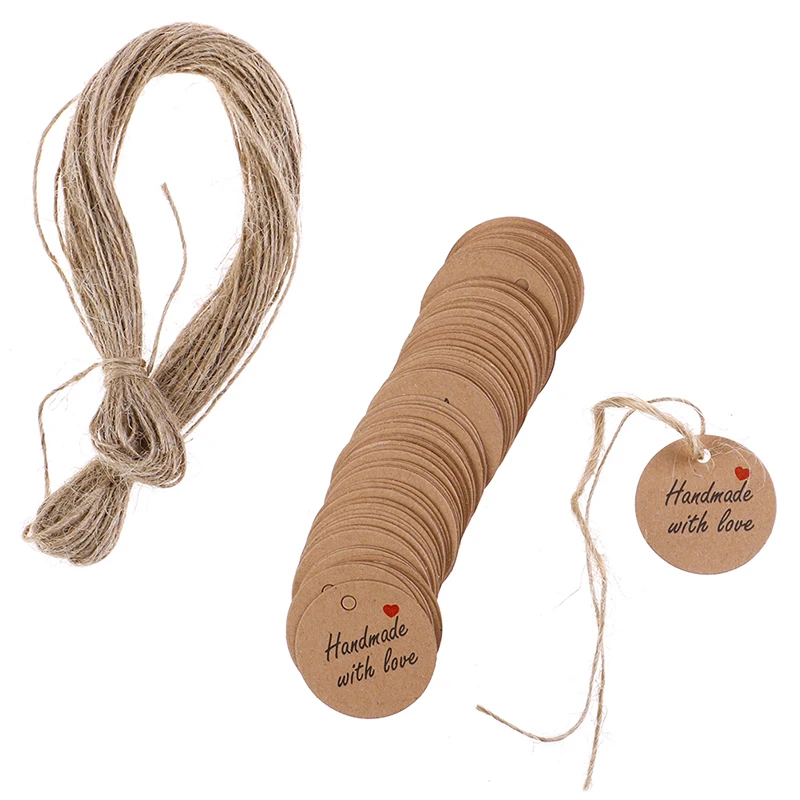 100Pcs/lot Handmade With Love Labels Hang Tags Blank Kraft Paper With 20m String Tag Labels Party Favors Gift