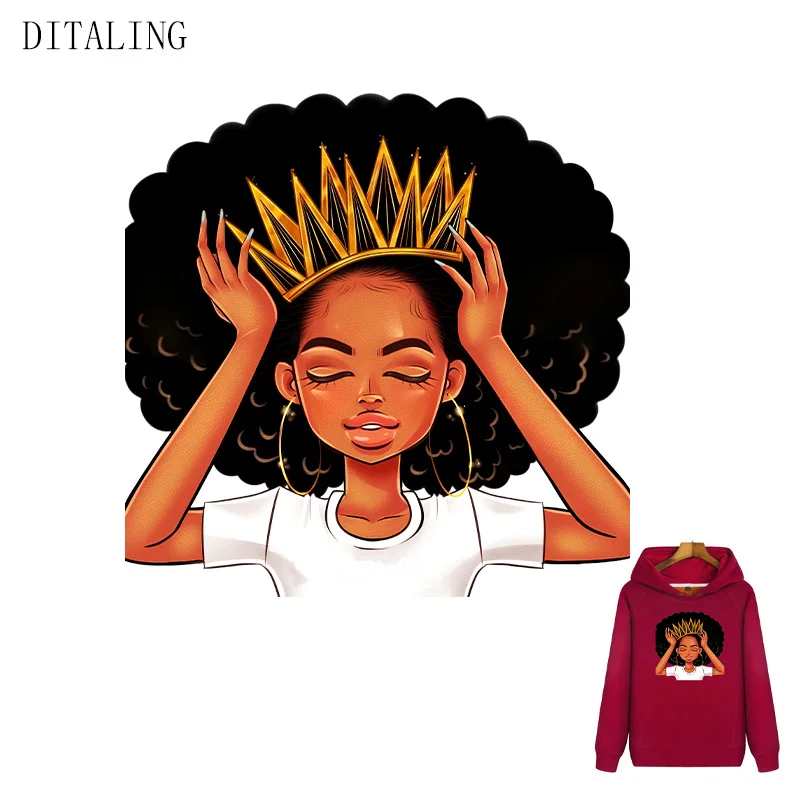 Crown African Girl Patch On Clothes DIY Beauty Girls Stickers For Cotton Mask A-Level Washable Heat Transfer Patch For Jackets