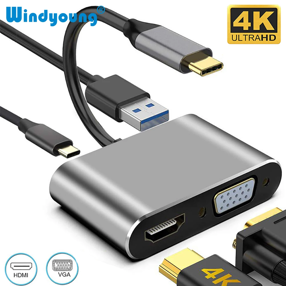 USB C Hub 4 in 1 Type C 3.0 Adapter to 4K HDMI HDTV VGA USB 3.0 PD Fast Charge Splitter for MacBook Notebook Laptop Computer PC