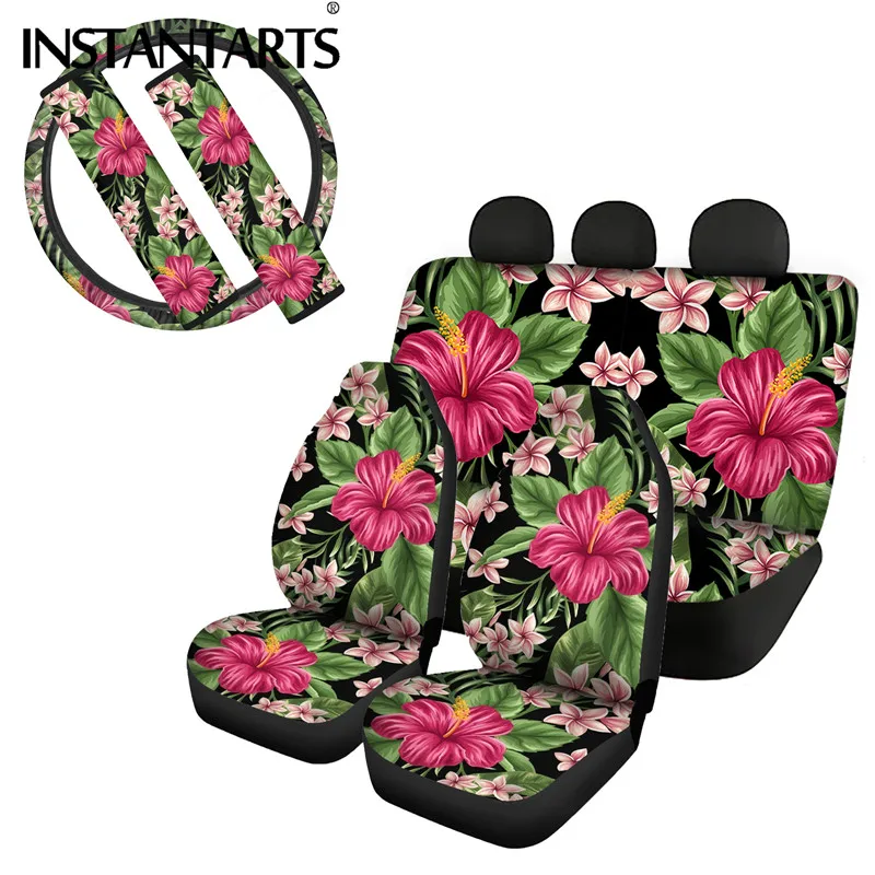 

INSTANTARTS Polynesian Hibiscus Flower Printed Car Seat Covers Full Set for Women Seatbelt Pad Durable Car Steering Wheel Covers