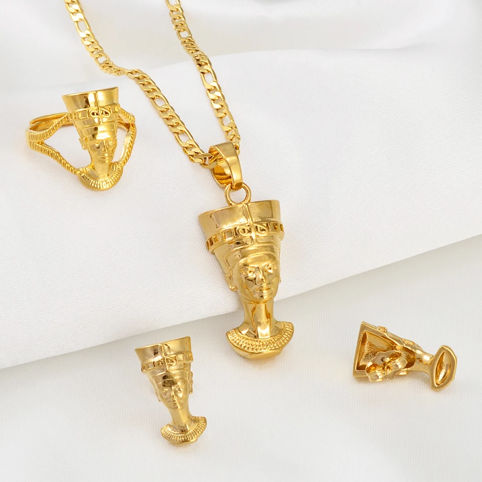 Anniyo Egyptian Queen Nefertiti Sets Pendant Necklace Stud Earrings Ring African Traditional Culture Jewelry #244206