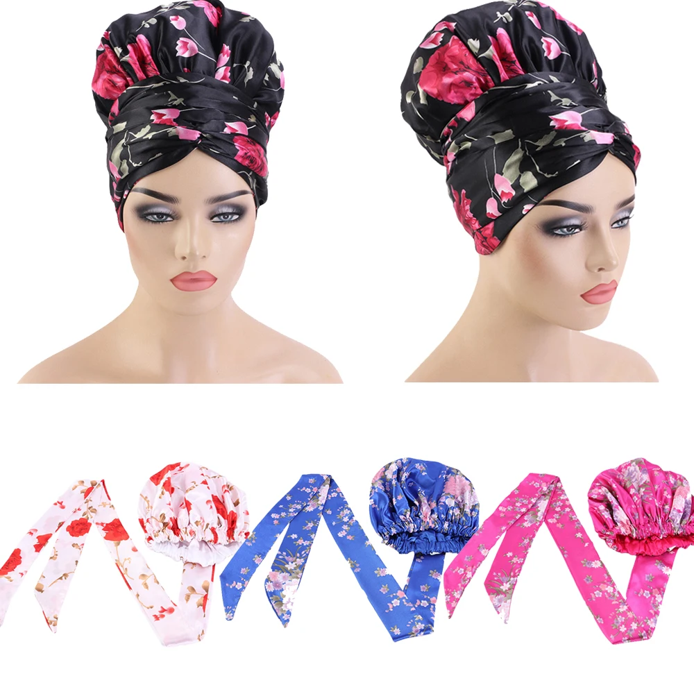 

Muslim Women Hijab Cap Satin Printed Bonnet Hair Loss Cap Head Wrap Cover Beanies Long Tail Turban India Hat Bandanas Fashion