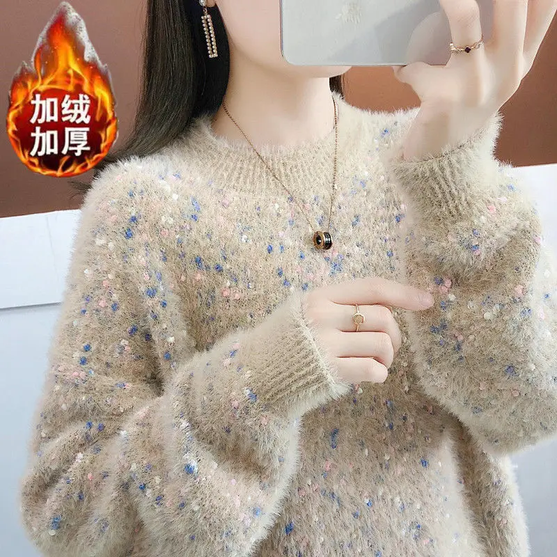 2023 New Women\'s Pullover Female Autumn Winter Cashmere/No Cashmere Sweater Imitation Mink Velvet Long-sleeved Knitted Top A459