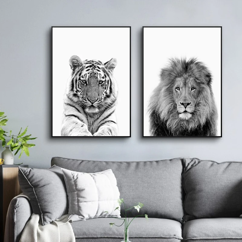 

Black And White Animals Tiger Lion Wall Art Canvas Painting Poster, Prints Wall Picture for Living Room Home Decoration Cuadros